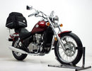 Image of a Ventura EVO-12 Bike-Pack Kit showing a sleek black and gray EVO-12 pack with an adjustable Pack-Rack, an EVO-RACK securely fitted to a Kawasaki EN 500 Vulcan (08-09), and an L-bracket with screws.