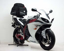 Ventura Yamaha YZF R1 Y-D (09-14) EVO-12 Bike-Pack Kit includes a black EVO-12 pack, Evo-Rack Top-Box Rack mounted on a motorcycle, plus a labeled image of the L-Bracket with screws and rods.