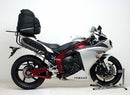 Ventura Yamaha YZF R1 Y-D (09-14) EVO-12 Bike-Pack Kit includes a black EVO-12 pack, Evo-Rack Top-Box Rack mounted on a motorcycle, plus a labeled image of the L-Bracket with screws and rods.
