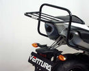 Ventura Yamaha YZF R1 Y-D (09-14) EVO-12 Bike-Pack Kit includes a black EVO-12 pack, Evo-Rack Top-Box Rack mounted on a motorcycle, plus a labeled image of the L-Bracket with screws and rods.
