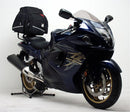 Image showing three components of the Ventura EVO-12 Bike-Pack Kit for Suzuki GSX 1300 R Hayabusa (08-16): the EVO-12 pack bag, EVO-Rack Top-Box Rack on a motorcycle, and a black L-Bracket with mounting hardware.