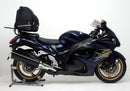 Image showing three components of the Ventura EVO-12 Bike-Pack Kit for Suzuki GSX 1300 R Hayabusa (08-16): the EVO-12 pack bag, EVO-Rack Top-Box Rack on a motorcycle, and a black L-Bracket with mounting hardware.