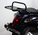 Image showing three components of the Ventura EVO-12 Bike-Pack Kit for Suzuki GSX 1300 R Hayabusa (08-16): the EVO-12 pack bag, EVO-Rack Top-Box Rack on a motorcycle, and a black L-Bracket with mounting hardware.