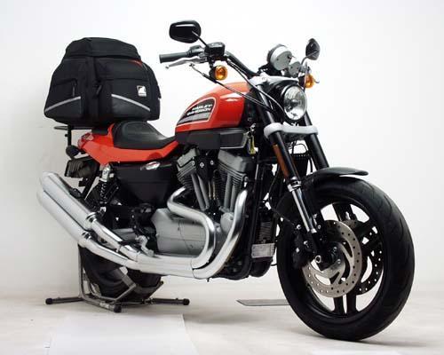 Image of a Ventura Harley Davidson XR 1200 (08-11) Bike-Pack Kit with an adjustable Pack-Rack. Features a sleek black EVO-12 pack with logo, sturdy EVO-Rack, and versatile L-Bracket with screws. A perfect blend of style and utility for bike enthusiasts.