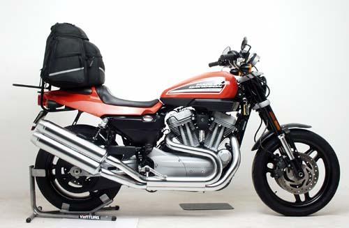Image of a Ventura Harley Davidson XR 1200 (08-11) Bike-Pack Kit with an adjustable Pack-Rack. Features a sleek black EVO-12 pack with logo, sturdy EVO-Rack, and versatile L-Bracket with screws. A perfect blend of style and utility for bike enthusiasts.