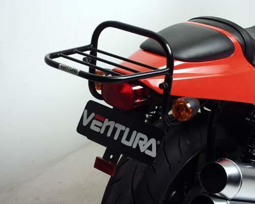 Image of a Ventura Harley Davidson XR 1200 (08-11) Bike-Pack Kit with an adjustable Pack-Rack. Features a sleek black EVO-12 pack with logo, sturdy EVO-Rack, and versatile L-Bracket with screws. A perfect blend of style and utility for bike enthusiasts.