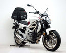 Image featuring the Ventura EVO-12 Bike-Pack Kit for Suzuki SFV 650 Gladius (09-15), including an EVO-12 Pack, Adjustable Pack-Rack mounted on the bike, and a labeled black L-Bracket with screws for easy identification.