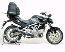 Image showcasing the Ventura EVO-12 Bike-Pack Kit on an Aprilia Mana 850 (09-15) includes a sleek black zippered bike pack labeled "EVO-12 PACK," an Adjustable Pack-Rack doubling as "EVO-RACK," and a detailed "L-BRACKET" with all necessary screws and parts.
