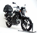 Collage of Ventura's Honda VTR 250 (10-12) Bike-Pack Kit components. Top left shows a black EVO-12 pack with an orange stripe, top right displays an Evo-Rack on a bike, and the bottom features a labeled L-Bracket with screws and bolts for easy assembly.