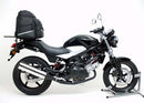Collage of Ventura's Honda VTR 250 (10-12) Bike-Pack Kit components. Top left shows a black EVO-12 pack with an orange stripe, top right displays an Evo-Rack on a bike, and the bottom features a labeled L-Bracket with screws and bolts for easy assembly.