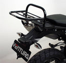 Image showing a Ventura EVO-12 bike-pack bag, a Sport-Rack mounted on a BMW G 650 X Country (07-09) motorcycle, and a labeled L-Bracket with screws. Text reads: "EVO-12 Bike-Pack Kit.