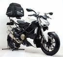 Image of the Ventura EVO-12 Bike-Pack Kit for Ducati 1099 Street fighter (09-13), featuring an EVO-12 pack, Evo-Rack on a motorcycle, and L-bracket with screws. Generic image. Compatible with Sport-Rack and Adjustable Pack-Rack systems.