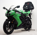 The image showcases a Ventura Bike-Pack Kit for the Kawasaki ZX-10R 1000 (2010), featuring a sleek EVO-12 pack, robust Pack-Rack with easy mounting, and sturdy L-bracket complete with bolts and screws. The black carrying case complements the metal structure for functionality and style.