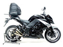 The image showcases the Ventura EVO-12 Bike-Pack Kit, featuring a sleek black pack on an Evo-Rack mounted on a motorcycle. It includes an L-bracket with hardware, all presented without specific branding for the Kawasaki Z 1000 (10-12).