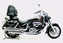 The EVO-12 Bike-Pack Kit for the Hyosung GV ST7 700 (10-17) by Ventura includes a sleek black zippered bag with a logo, an adjustable sturdy black metal rack for mounting, and metal L-Brackets with screws. Text labels provide guidance for each component.