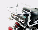 The EVO-12 Bike-Pack Kit for the Hyosung GV ST7 700 (10-17) by Ventura includes a sleek black zippered bag with a logo, an adjustable sturdy black metal rack for mounting, and metal L-Brackets with screws. Text labels provide guidance for each component.