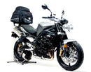 The Ventura EVO-12 Bike-Pack Kit for Triumph Street Triple R 675 (09-12) includes a black EVO-12 pack, an Evo-Rack for motorcycle mounting, and L-Bracket hardware—perfect for secure Top-Box Rack installation.