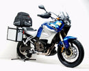 Image showing three components of the Ventura EVO-12 Bike-Pack Kit for Yamaha XT 1200 Super Tènèrè (10-15): EVO-12 pack bag, EVO-Rack Top-Box Rack on a bike, and L-Bracket with hardware.