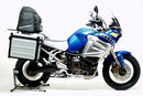 Image showing three components of the Ventura EVO-12 Bike-Pack Kit for Yamaha XT 1200 Super Tènèrè (10-15): EVO-12 pack bag, EVO-Rack Top-Box Rack on a bike, and L-Bracket with hardware.