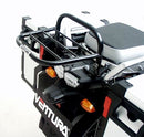Image showing three components of the Ventura EVO-12 Bike-Pack Kit for Yamaha XT 1200 Super Tènèrè (10-15): EVO-12 pack bag, EVO-Rack Top-Box Rack on a bike, and L-Bracket with hardware.