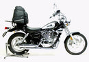The Ventura EVO-12 Bike-Pack Kit includes a black bike-pack with an orange stripe, the Adjustable Pack-Rack for secure attachment to a Keeway Supershadow 250 (2010), and an L-bracket with screws in a generic image.