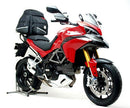 A Ventura EVO-12 bike-pack, Evo-Rack mounted on a Ducati 1200 Multistrada (10-14), and L-brackets with screws are displayed on a white background, each labeled. Text above says "EVO-12 Bike-Pack Kit.