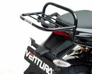 A Ventura EVO-12 bike-pack, Evo-Rack mounted on a Ducati 1200 Multistrada (10-14), and L-brackets with screws are displayed on a white background, each labeled. Text above says "EVO-12 Bike-Pack Kit.