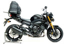 Image showing the Ventura EVO-12 Bike-Pack Kit for Yamaha FZ-8N 800 Fazer (10-15), including a black EVO-12-Pack bag, adjustable EVO-Rack rear bike rack, and a generic L-Bracket image with screws and mounting rods.