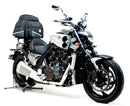 Ventura EVO-12 Bike-Pack Kit for Yamaha V-Max 1700 Y-D (09-16), featuring an EVO-12 pack, adjustable Pack-Rack (Evo-Rack) mounted on the bike, plus a labeled L-Bracket with hardware—all on a white background with text labels.