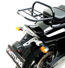 Ventura EVO-12 Bike-Pack Kit for Yamaha V-Max 1700 Y-D (09-16), featuring an EVO-12 pack, adjustable Pack-Rack (Evo-Rack) mounted on the bike, plus a labeled L-Bracket with hardware—all on a white background with text labels.