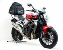 Image of an MV Agusta 1090RR Brutale (10-16) featuring a black Ventura EVO-12 Bike-Pack Kit with orange trim, an adjustable Evo-Rack on the motorcycle, and an L-bracket with screws for easy installation.