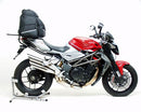 Image of an MV Agusta 1090RR Brutale (10-16) featuring a black Ventura EVO-12 Bike-Pack Kit with orange trim, an adjustable Evo-Rack on the motorcycle, and an L-bracket with screws for easy installation.