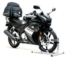Image showing a Ventura EVO-12 Bike-Pack Kit for Yamaha YZF R150 (10-12) with three labeled parts: EVO-12 pack (black soft bag), Evo-Rack (metal rack on motorcycle), and L-bracket with screws. Compatible with Sport-Rack systems.