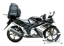 Image showing a Ventura EVO-12 Bike-Pack Kit for Yamaha YZF R150 (10-12) with three labeled parts: EVO-12 pack (black soft bag), Evo-Rack (metal rack on motorcycle), and L-bracket with screws. Compatible with Sport-Rack systems.