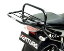 Image showing a Ventura EVO-12 Bike-Pack Kit for Yamaha YZF R150 (10-12) with three labeled parts: EVO-12 pack (black soft bag), Evo-Rack (metal rack on motorcycle), and L-bracket with screws. Compatible with Sport-Rack systems.