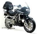The Ventura EVO-12 Bike-Pack Kit for the Aprilia Shiver GT 750 ABS (09-11) includes a sleek black 'EVO-12 Pack,' adjustable 'EVO-Rack,' and 'L-Bracket' with screws and bolts, all against a white backdrop, making rides seamless.