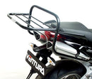 The Ventura EVO-12 Bike-Pack Kit for the Aprilia Shiver GT 750 ABS (09-11) includes a sleek black 'EVO-12 Pack,' adjustable 'EVO-Rack,' and 'L-Bracket' with screws and bolts, all against a white backdrop, making rides seamless.