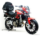 Ventura Aprilia Shiver 750 (10-16) Kit includes a black EVO-12 bike pack, rear Adjustable Pack-Rack attached to a bike, and L-Bracket with screws. Each item is labeled and shown on a white background.
