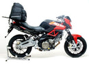 Ventura Aprilia Shiver 750 (10-16) Kit includes a black EVO-12 bike pack, rear Adjustable Pack-Rack attached to a bike, and L-Bracket with screws. Each item is labeled and shown on a white background.