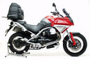 The image features the Moto Guzzi 1200 Stelvio (08-15) EVO-12 Bike-Pack Kit by Ventura, including a sleek black bike pack with an orange stripe, an Evo-Rack for motorcycles, and an L-bracket with screws, each component clearly labeled.