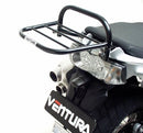 The image features the Moto Guzzi 1200 Stelvio (08-15) EVO-12 Bike-Pack Kit by Ventura, including a sleek black bike pack with an orange stripe, an Evo-Rack for motorcycles, and an L-bracket with screws, each component clearly labeled.