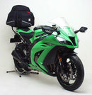 Image of a Ventura EVO-12 Bike-Pack Kit for Kawasaki ZX-10R 1000 ABS (11-15) featuring three components: a black EVO-12 Pack with logo and orange stripe, an Adjustable Pack-Rack mounted on a bike, and labeled L-Bracket with screws as a generic image.