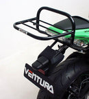 Image of a Ventura EVO-12 Bike-Pack Kit for Kawasaki ZX-10R 1000 ABS (11-15) featuring three components: a black EVO-12 Pack with logo and orange stripe, an Adjustable Pack-Rack mounted on a bike, and labeled L-Bracket with screws as a generic image.