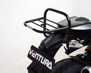 The Ventura EVO-12 Bike-Pack Kit for Ducati 1100 Monster EVO (11-12) includes a black EVO-12 pack, a black Adjustable Pack-Rack (EVO-Rack) mounted on the motorcycle, and an image of L-brackets with screws. Each item is clearly labeled.