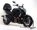The image showcases the Ventura Ducati 1200 Diavel (11-12) Bike-Pack Kit, featuring an EVO-12 pack, a Pack-Rack for enhanced adventure readiness, and an L-bracket with screws. The sleek black pack has a zip closure for secure storage.