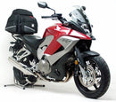 Image showcasing the Ventura EVO-12 Bike-Pack Kit, including an EVO-12 Pack and Adjustable Pack-Rack, in black and red design on a Honda VFR 800X Crossrunner (11-14). Below is a generic L-bracket image with small hardware pieces.