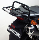 The image features the Ventura EVO-12 Bike-Pack Kit for Suzuki DL 650 V-Strom (12-16), showcasing a sleek black EVO-12 pack with a logo, an Evo-Rack mounted on the bike, and an L-Bracket with screws, all expertly assembled to elevate your biking experience.