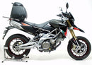The EVO-12 Bike-Pack Kit includes the Aprilia Dorsoduro 750 (10-15) by Ventura, consisting of a stylish black bike-pack with orange accents, an Adjustable Pack-Rack, and an L-bracket image with screws and bolts.