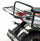 The EVO-12 Bike-Pack Kit includes the Aprilia Dorsoduro 750 (10-15) by Ventura, consisting of a stylish black bike-pack with orange accents, an Adjustable Pack-Rack, and an L-bracket image with screws and bolts.