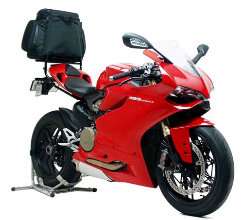 Image of the Ventura EVO-12 Bike-Pack Kit for Ducati 1199 Panigale (12-14), including the EVO-12 pack, Evo-Rack on a motorcycle, and black L-bracket with screws and hardware.